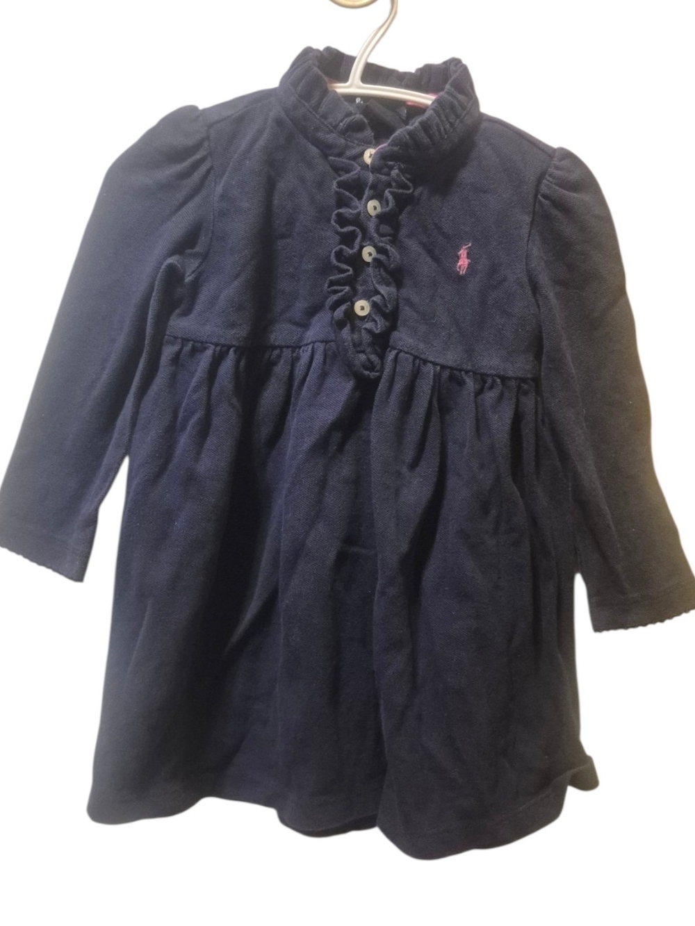Ralph Lauren Navy Long Sleeve Ruffle Front Dress with Pink Pony